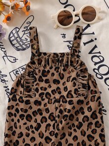 SHEIN Baby Girl Leopard Print Thick Corduroy Adjustable Shoulder Strap Ruffle Trim Versatile Jumpsuit Suitable For Winter - Brown - View 6
