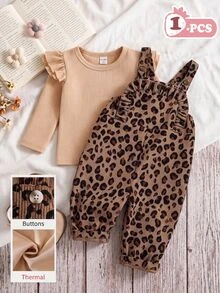 SHEIN Baby Girl Leopard Print Thick Corduroy Adjustable Shoulder Strap Ruffle Trim Versatile Jumpsuit Suitable For Winter - Brown - View 1
