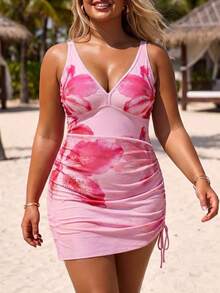 Swim Oasis Plus Size Swim Vcay Random Print Deep V-Neck Sexy One-Piece Swimsuit For Women, 2-Piece Set With Mesh Wrap Skirt, Beach Vacation Resort Pink Summer - Multicolor - View 4