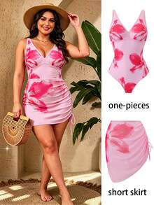 Swim Oasis Plus Size Swim Vcay Random Print Deep V-Neck Sexy One-Piece Swimsuit For Women, 2-Piece Set With Mesh Wrap Skirt, Beach Vacation Resort Pink Summer - Multicolor - View 5