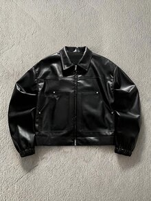 AXEPEAK Men's Solid Color Lapel Long Sleeve Zipper Front PU Leather Jacket, Spring, Outdoor - Black - View 2
