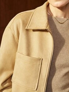 Airaco Jaket Kasual Wanita untuk Bepergian, Patchwork Suede Imitasi, Potongan Longgar, Bahu Jatuh, Penutup Resleting, Saku, Musim Gugur - Khaki - View 8