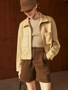 Airaco Jaket Kasual Wanita untuk Bepergian, Patchwork Suede Imitasi, Potongan Longgar, Bahu Jatuh, Penutup Resleting, Saku, Musim Gugur - Khaki - View 3