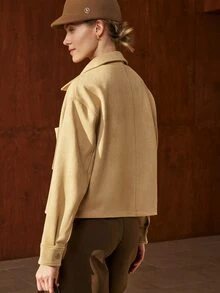 Airaco Jaket Kasual Wanita untuk Bepergian, Patchwork Suede Imitasi, Potongan Longgar, Bahu Jatuh, Penutup Resleting, Saku, Musim Gugur - Khaki - View 6