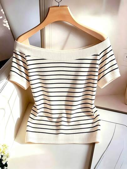 Rafferiza Elegant Fashionable Off-Shoulder Striped Print Slim Fit Commuter Daily Versatile Business Professional Travel Date Single Party Women's T-Shirt