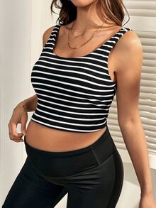 SHEIN 孕妇休闲条纹无袖哺乳上衣，夏季休闲条纹背心黑色露脐上衣女士时尚上衣性感露脐上衣 - 黑與白 - 查看 3