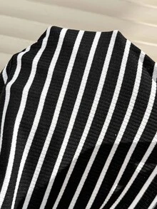 SHEIN 孕妇休闲条纹无袖哺乳上衣，夏季休闲条纹背心黑色露脐上衣女士时尚上衣性感露脐上衣 - 黑與白 - 查看 7