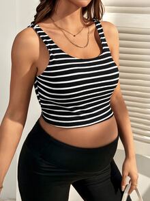 SHEIN 孕妇休闲条纹无袖哺乳上衣，夏季休闲条纹背心黑色露脐上衣女士时尚上衣性感露脐上衣 - 黑與白 - 查看 6