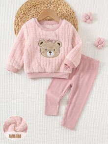 SHEIN 女嬰毛絨刺繡運動衫與休閒居家秋冬長褲套裝 - 粉色 - 查看 2