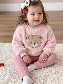 SHEIN 女嬰毛絨刺繡運動衫與休閒居家秋冬長褲套裝 - 粉色 - 查看 1