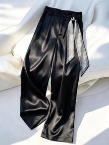Modelyn Spring Summer Retro Print Silk Scarf High Waist Wide Leg Draped Slimming Straight Leg Suit Trousers For Women - Black - View 7
