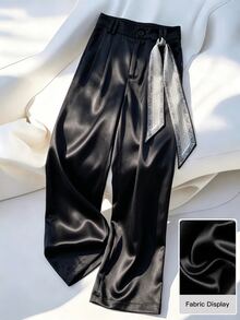 Modelyn Spring Summer Retro Print Silk Scarf High Waist Wide Leg Draped Slimming Straight Leg Suit Trousers For Women - Black - View 8