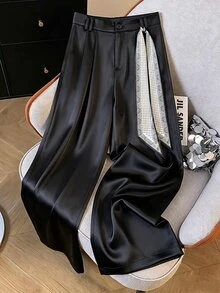 Modelyn Spring Summer Retro Print Silk Scarf High Waist Wide Leg Draped Slimming Straight Leg Suit Trousers For Women - Black - View 3