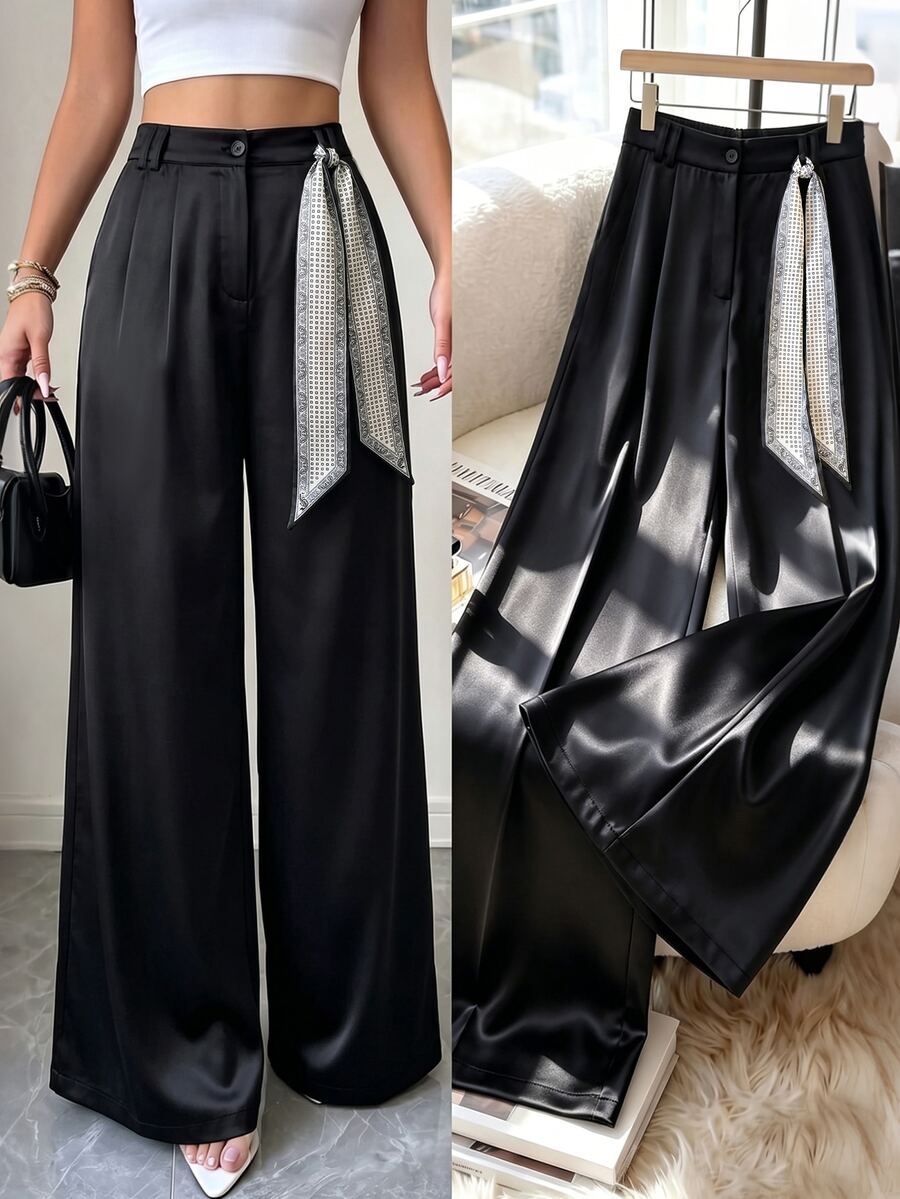 Modelyn Spring Summer Retro Print Silk Scarf High Waist Wide Leg Draped Slimming Straight Leg Suit Trousers For Women - Black - View 1