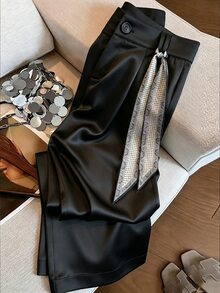Modelyn Spring Summer Retro Print Silk Scarf High Waist Wide Leg Draped Slimming Straight Leg Suit Trousers For Women - Black - View 5