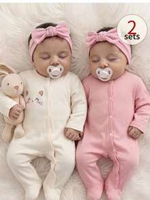 SHEIN Playful Pals 2pcs Newborn Baby Girl Cute Cat Printed Long Sleeve Snap Button Footed Romper Jumpsuit Outfits Daily Autumn Fall Style - Multicolor - View 7