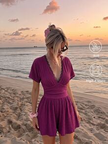 SHEIN MOD Women's Lace Patchwork Pleated Elegant Romantic Romper Going Out Purple Summer - Red Violet - View 1