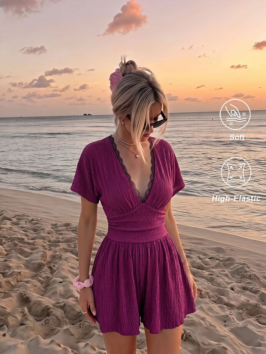 SHEIN MOD Women's Lace Patchwork Pleated Elegant Romantic Romper Going Out Purple Summer - Red Violet - View 1
