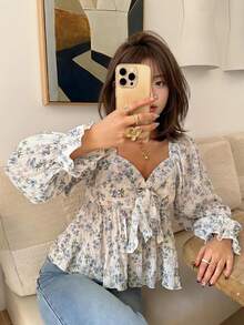 Serisse 女款秋季休閒小碎花前綁帶襯衫 - 彩色 - 查看 1