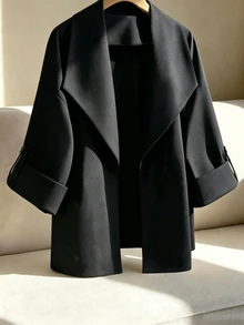 Linhara Jaket Kerah Ukuran Besar Hitam Terlaris, Jaket Kasual Elegan Minimalis Bergaya Keren untuk Kantor, Musim Semi dan Gugur, Wanita - Hitam - View 3