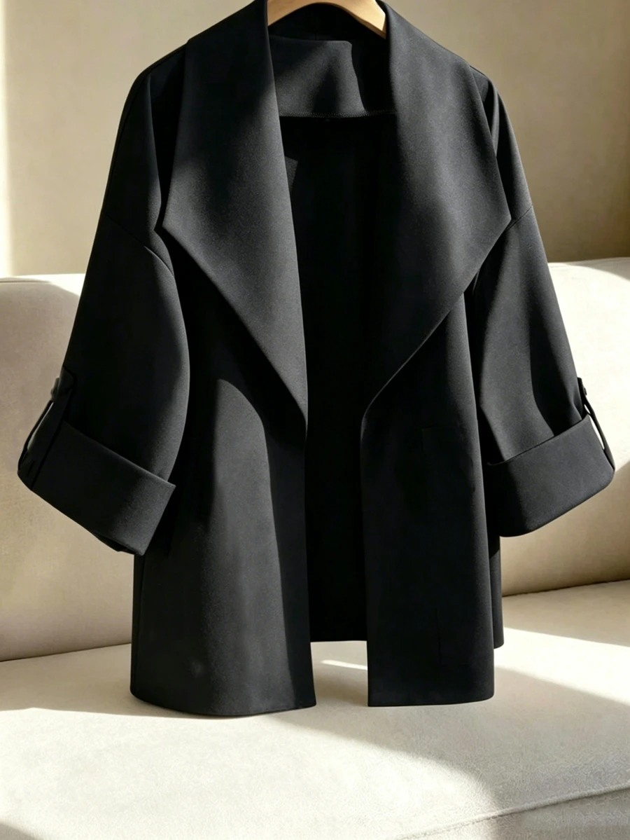 Linhara Best-Selling Black Versatile Plus Size Collar Jacket, Casual Smart Elegant Cool Minimalist Style Plus Size Jacket Office Spring And Autumn Women Fall - Black - View 1