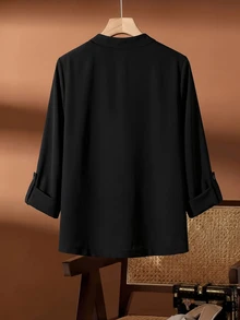 Linhara Jaket Kerah Ukuran Besar Hitam Terlaris, Jaket Kasual Elegan Minimalis Bergaya Keren untuk Kantor, Musim Semi dan Gugur, Wanita - Hitam - View 2