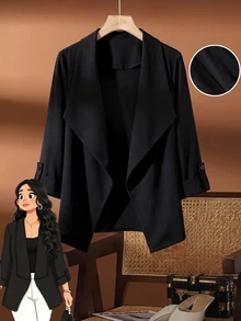 Linhara Jaket Kerah Ukuran Besar Hitam Terlaris, Jaket Kasual Elegan Minimalis Bergaya Keren untuk Kantor, Musim Semi dan Gugur, Wanita - Hitam - View 1