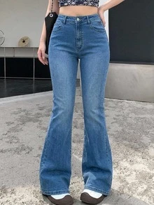 Dazy Plus Light Wash Vintage Denim Stretch Skinny Fit Versatile Long Flare Jeans - Dark Wash - View 3