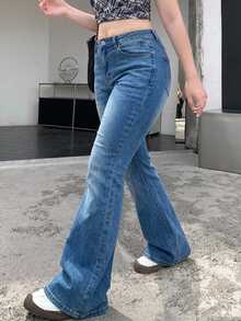 Dazy Plus Light Wash Vintage Denim Stretch Skinny Fit Versatile Long Flare Jeans - Dark Wash - View 5