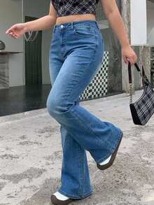 Dazy Plus Light Wash Vintage Denim Stretch Skinny Fit Versatile Long Flare Jeans - Dark Wash - View 4