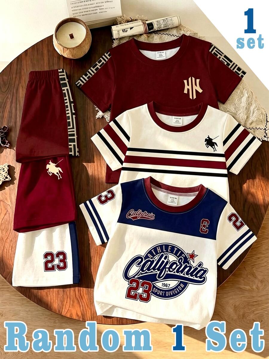 SHEIN 1 Set Acak, Kaos Kasual Khaki & Burgundy Klasik dengan Blok Warna dan Garis-garis, Logo Knight, serta Celana Pendek Bermotif Senada - MultiWarna - View 1