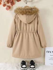 SHEIN 兒童青少年女孩寬鬆休閒連帽極簡純色收腰長袖百搭風衣秋季外套 - 卡其色 - 查看 6