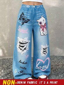 幼女卡通蝴蝶貓咪印花寬腿褲，牛仔風休閒款 (1件) - 彩色 - 查看 4