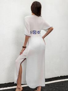 SHEIN Swim Women's Crochet Lace Cover Up And Patchwork Skirt Set Summer - White - View 3