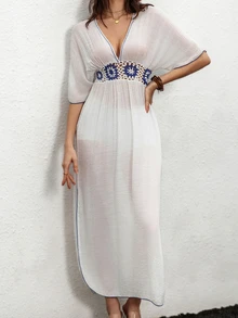 SHEIN Swim Women's Crochet Lace Cover Up And Patchwork Skirt Set Summer - White - View 2