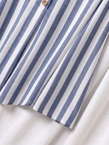 Rusticease Women's Blue And White Striped White Rolled Sleeve Shirt And Wide Leg Pants Casual Coastal Coastal Chic Tropical Set Autumn Vacation Brunch Vacation - Multicolor - View 6