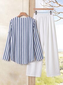 Rusticease Women's Blue And White Striped White Rolled Sleeve Shirt And Wide Leg Pants Casual Coastal Coastal Chic Tropical Set Autumn Vacation Brunch Vacation - Multicolor - View 3