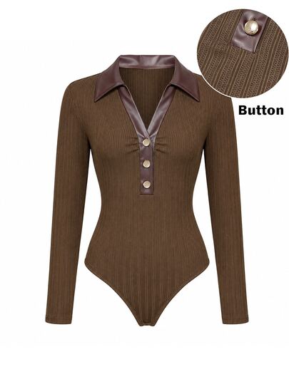QUELARIE Nouvelle chemise intérieure en tricot de cuir vintage avec col, coupe slim, manches longues, couche de base, couleur café profond, chemise intérieure amincissante pour femmes