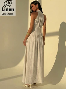 Aloruh Women's Beige Summer Elegant Tropical Holiday Vacation Maxi Dress,Bohemian Stand-Up Collar Pleated Slim A-Line Sleeveless Linen Comfortable Gown - Apricot - View 3