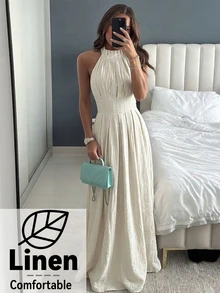 Aloruh Women's Beige Summer Elegant Tropical Holiday Vacation Maxi Dress,Bohemian Stand-Up Collar Pleated Slim A-Line Sleeveless Linen Comfortable Gown - Apricot - View 9
