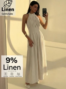 Aloruh Women's Beige Summer Elegant Tropical Holiday Vacation Maxi Dress,Bohemian Stand-Up Collar Pleated Slim A-Line Sleeveless Linen Comfortable Gown - Apricot - View 8