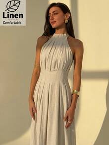 Aloruh Women's Beige Summer Elegant Tropical Holiday Vacation Maxi Dress,Bohemian Stand-Up Collar Pleated Slim A-Line Sleeveless Linen Comfortable Gown - Apricot - View 6