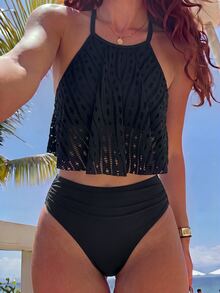 SHEIN Swim Summer Beach Hollow Out Flounce High Waisted Tankini - Black - View 3