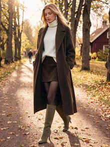 Anewsta Women's Solid Color Dropped Shoulder Long Sleeve Lapel Neck Casual Overcoat - Cadet Blue - View 5