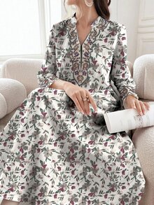 SHEIN Najma 女款復古花卉植物印花V領長袖綁腰休閒波西米亞風不對稱前開扣白色冬季優雅端莊正式長洋裝 - 彩色 - 查看 2
