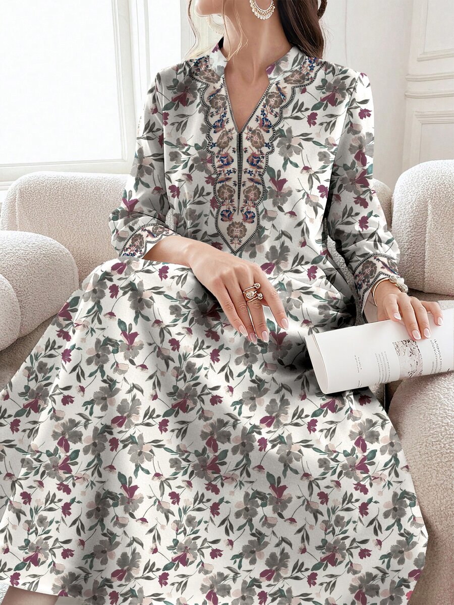 SHEIN Najma 女款復古花卉植物印花V領長袖綁腰休閒波西米亞風不對稱前開扣白色冬季優雅端莊正式長洋裝