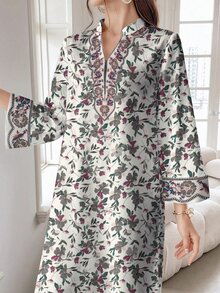 SHEIN Najma 女款復古花卉植物印花V領長袖綁腰休閒波西米亞風不對稱前開扣白色冬季優雅端莊正式長洋裝 - 彩色 - 查看 4