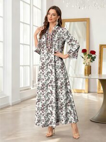 SHEIN Najma 女款復古花卉植物印花V領長袖綁腰休閒波西米亞風不對稱前開扣白色冬季優雅端莊正式長洋裝 - 彩色 - 查看 5