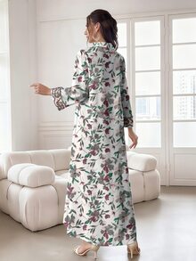 SHEIN Najma 女款復古花卉植物印花V領長袖綁腰休閒波西米亞風不對稱前開扣白色冬季優雅端莊正式長洋裝 - 彩色 - 查看 3
