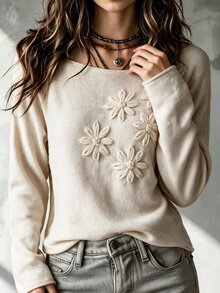 Omancia Sweater Wanita Lengan Panjang Motif Bunga Rajutan 3D Romantis Boho Elegan Warna Beige untuk Acara Brunch dan Musim Gugur - Dusty Pink - View 1